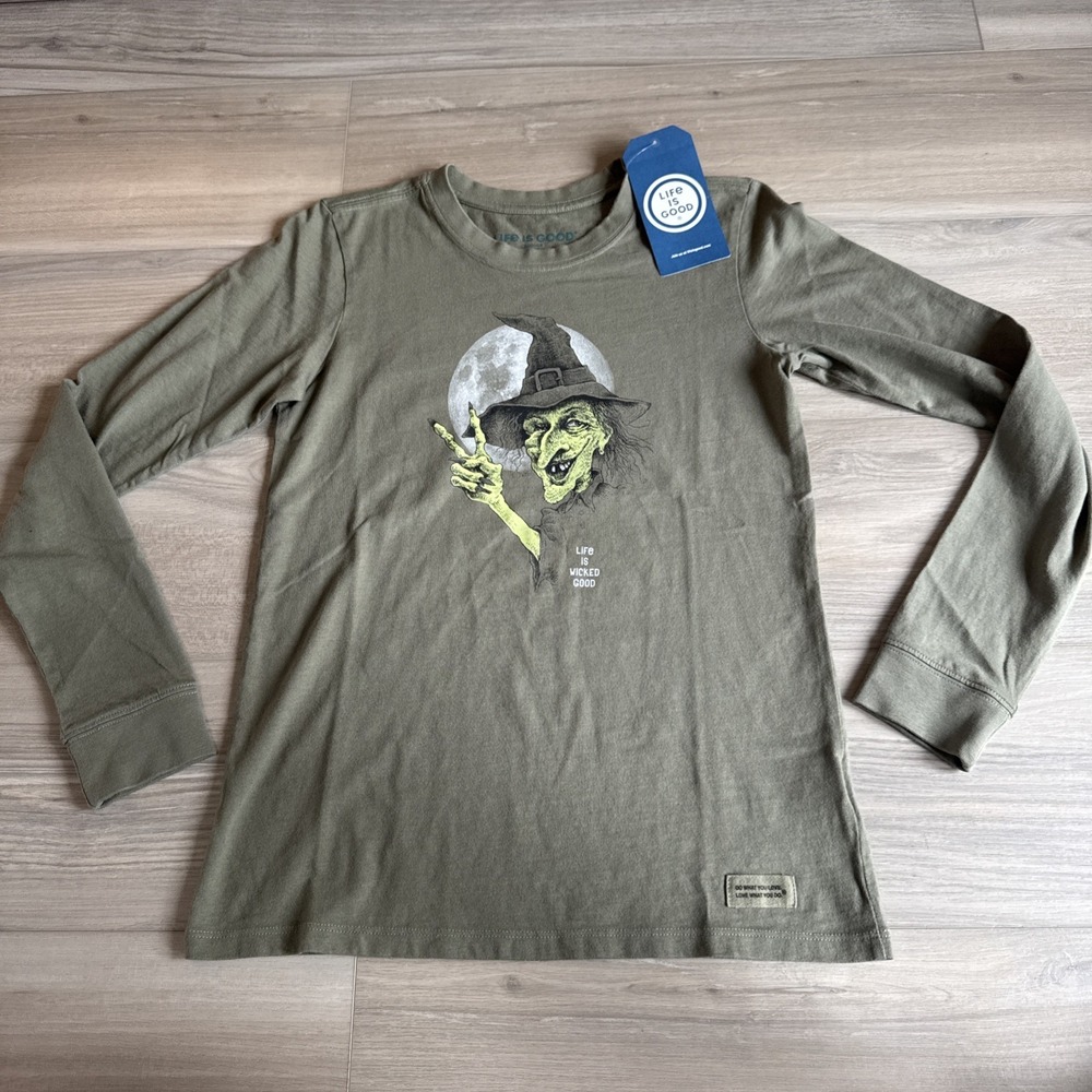 NWT Life is Good Life Is Wicked Good Witch Women's XS‎ Crusher Green L/S T-shirt